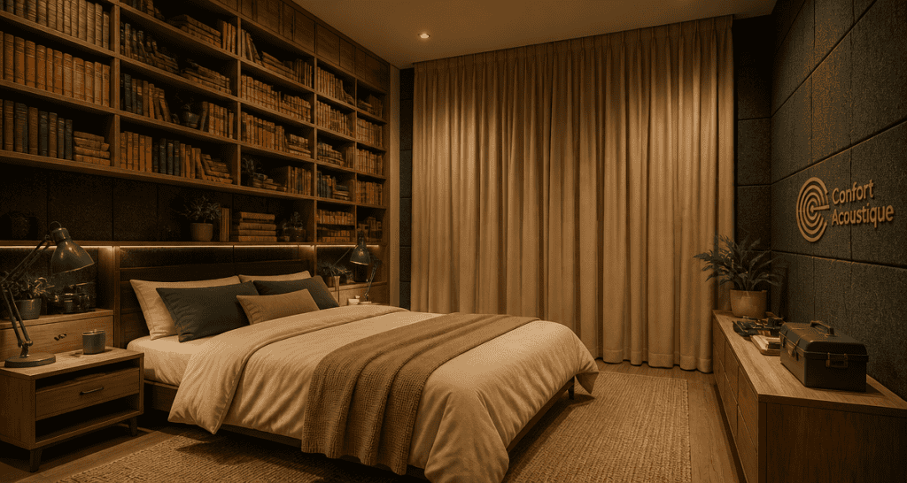 isolation phonique mur chambre sans travaux, panneaux acoustiques, bibliothèque, rideau épais