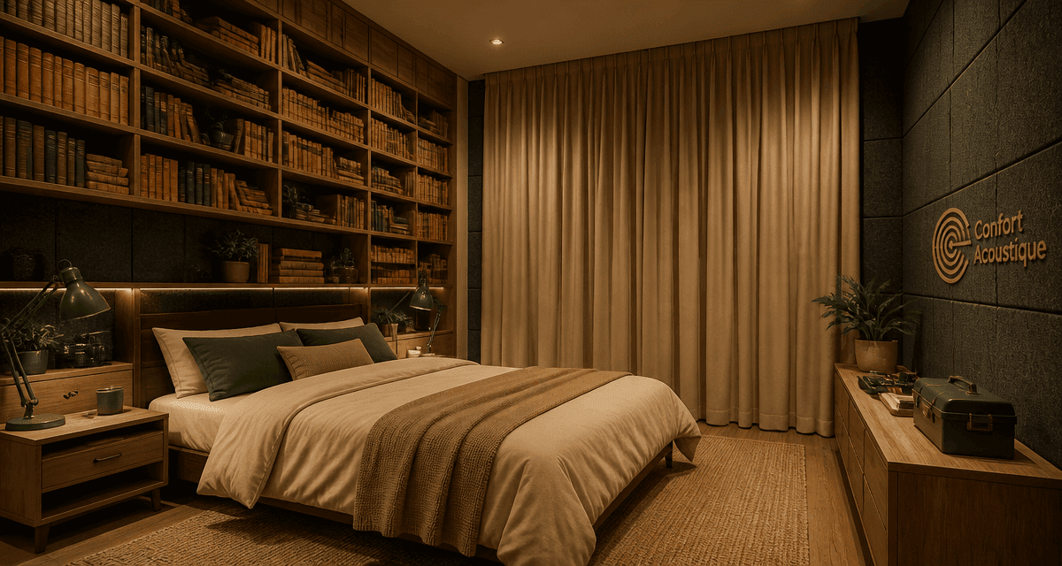 isolation phonique mur chambre sans travaux, panneaux acoustiques, bibliothèque, rideau épais