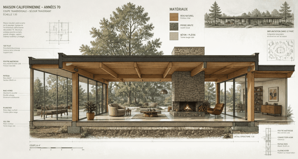 maison californienne année 70 séjour baies vitrées