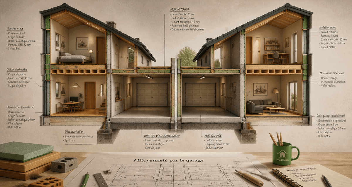 Coupe technique maison mitoyenne par le garage et isolation
