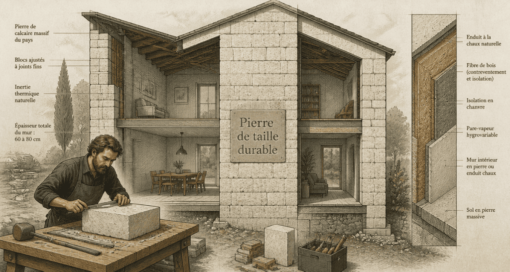 maison pierre de taille vue coupe technique et isolation biosourcée