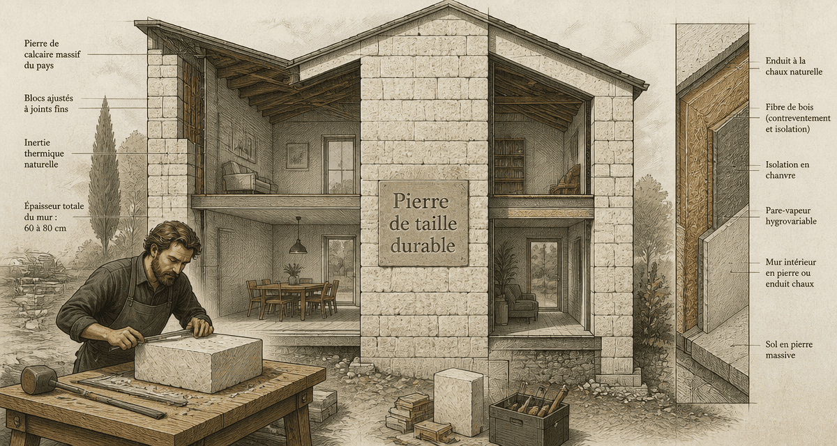 maison pierre de taille vue coupe technique et isolation biosourcée