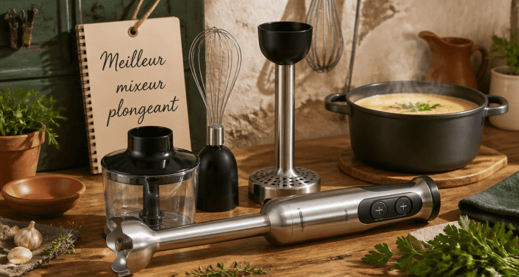 meilleur mixeur plongeant acier inox avec accessoires sur plan de travail