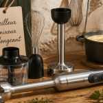 meilleur mixeur plongeant acier inox avec accessoires sur plan de travail