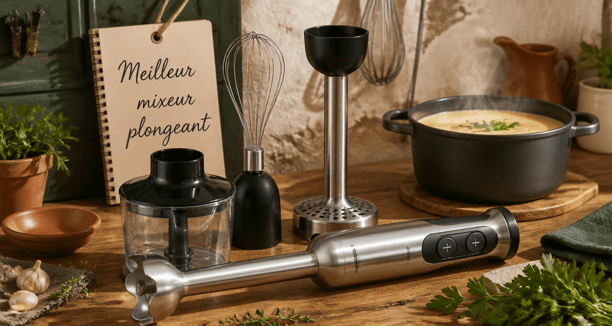 meilleur mixeur plongeant acier inox avec accessoires sur plan de travail