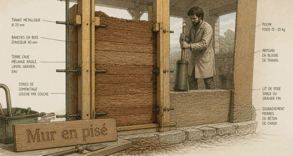 Vue technique mur en pisé en construction
