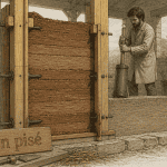 Vue technique mur en pisé en construction