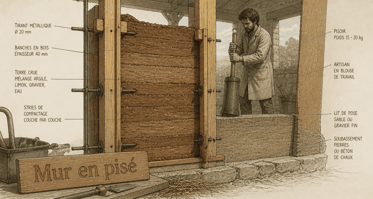 Vue technique mur en pisé en construction
