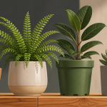Pots de fleurs variés sur table en bois