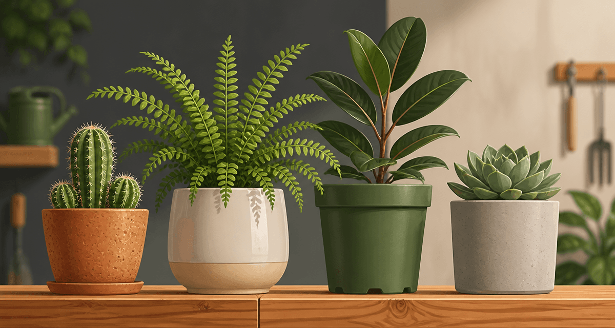 Pots de fleurs variés sur table en bois