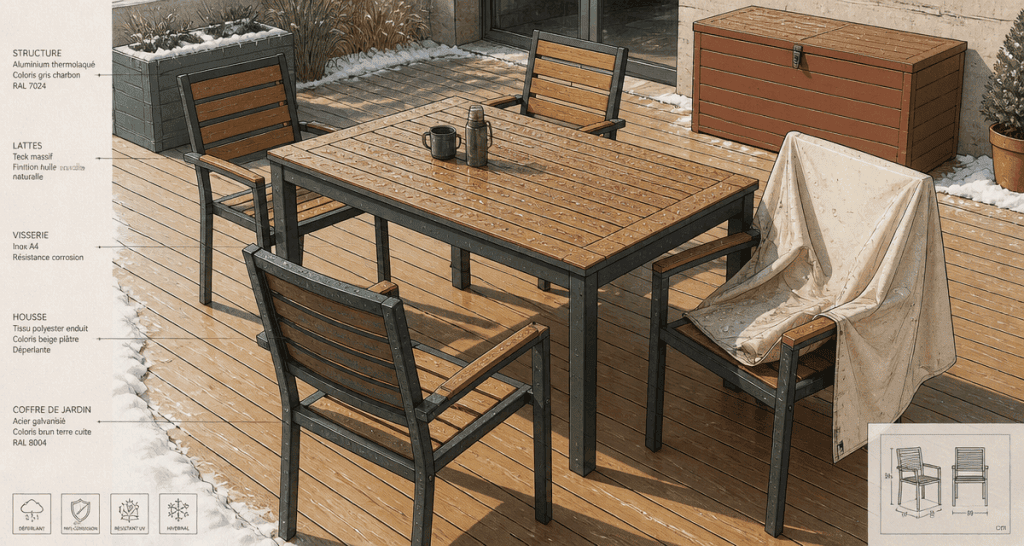 salon de jardin qui peut rester dehors l'hiver en aluminium et teck sur terrasse en hiver