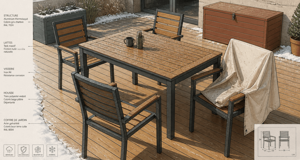salon de jardin qui peut rester dehors l'hiver en aluminium et teck sur terrasse en hiver