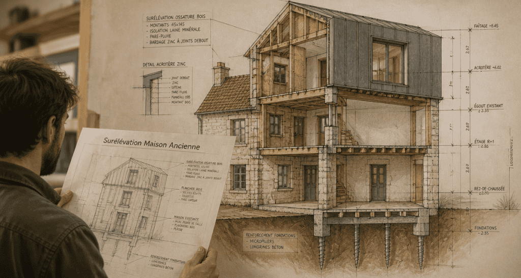 surélévation maison ancienne coupe technique ossature bois
