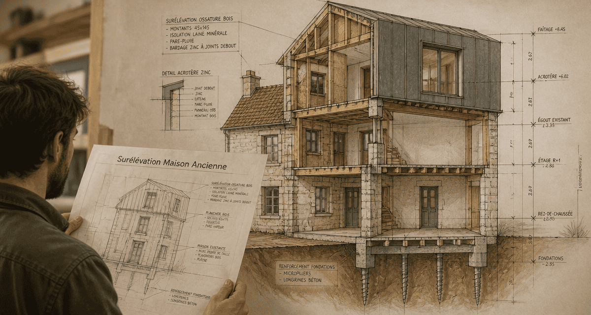 surélévation maison ancienne coupe technique ossature bois