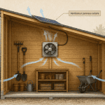 ventilateur panneau solaire installé sur toit abri de jardin