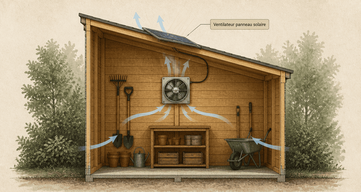 ventilateur panneau solaire installé sur toit abri de jardin