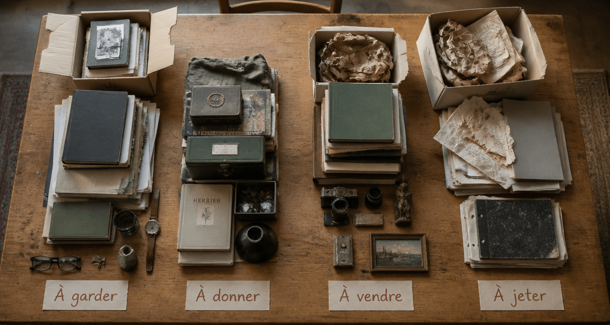 Vidage maison tri objets sur table