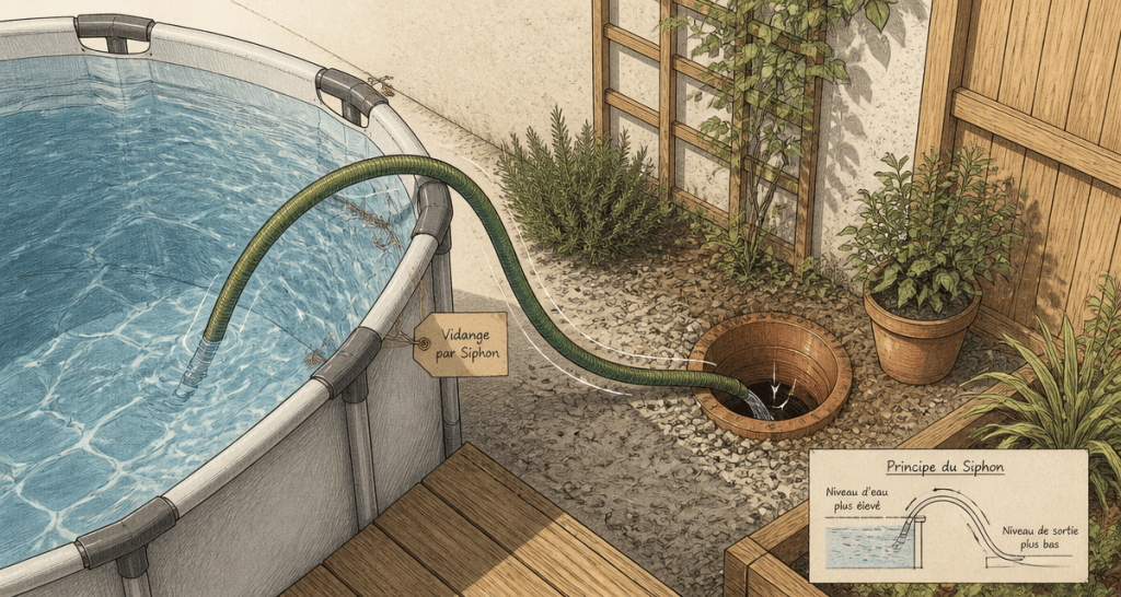 vider une piscine avec un tuyau siphon illustration