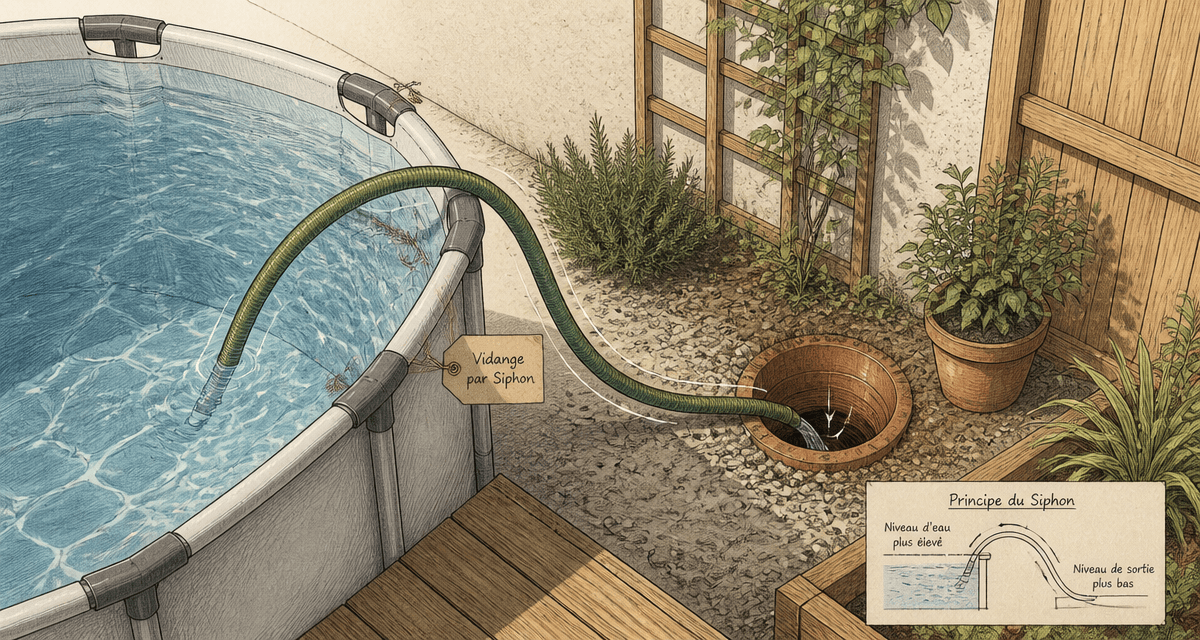 vider une piscine avec un tuyau siphon illustration