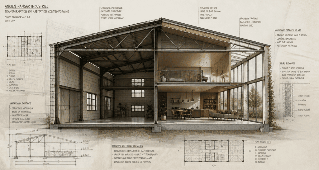Coupe hangar aménagé en maison contemporaine