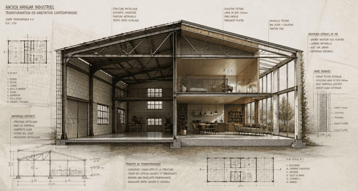 Coupe hangar aménagé en maison contemporaine