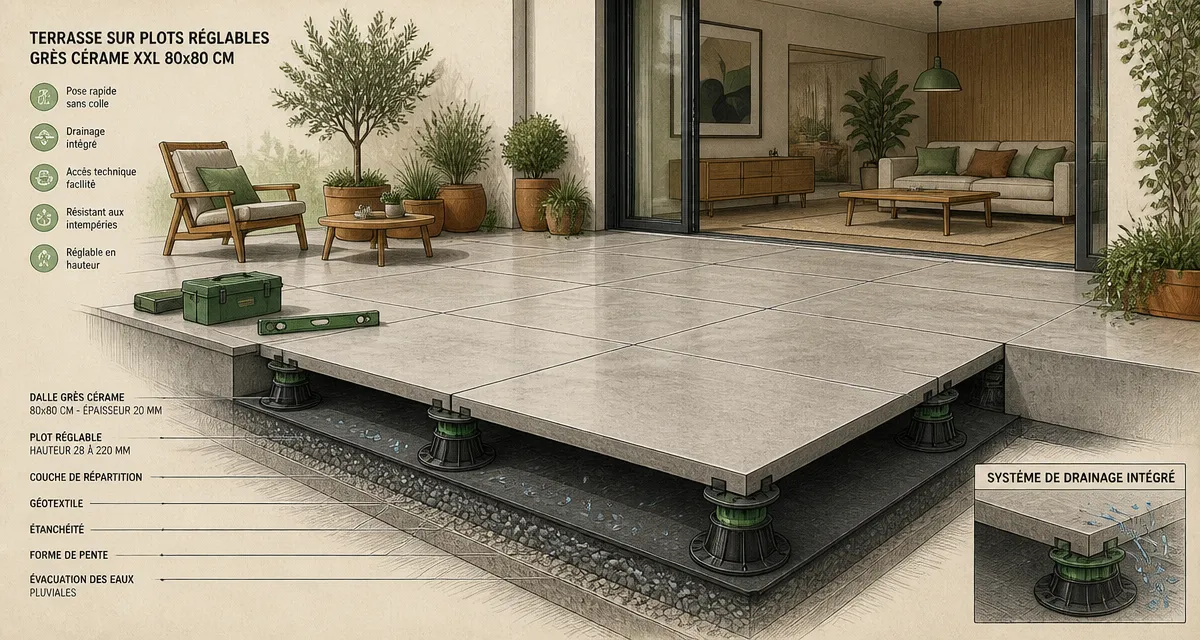 carrelage terrasse moderne posé sur plots réglables