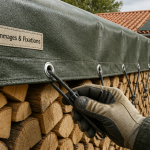 une bâche de protection bien fixée sur bois extérieur