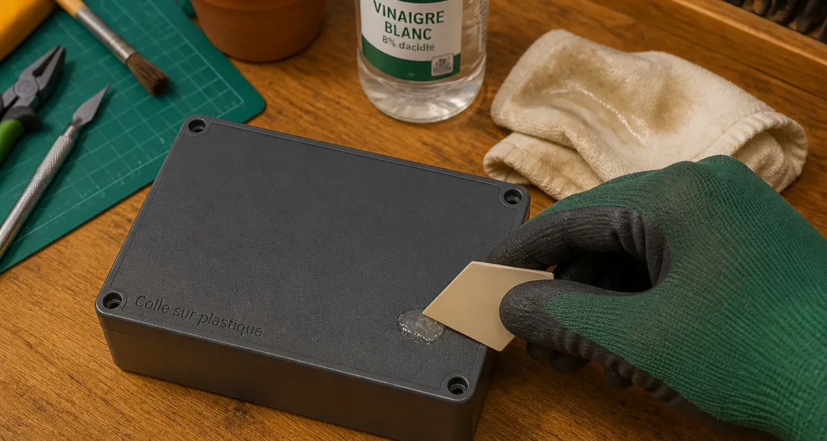 enlever de la colle forte sur du plastique avec carte et huile