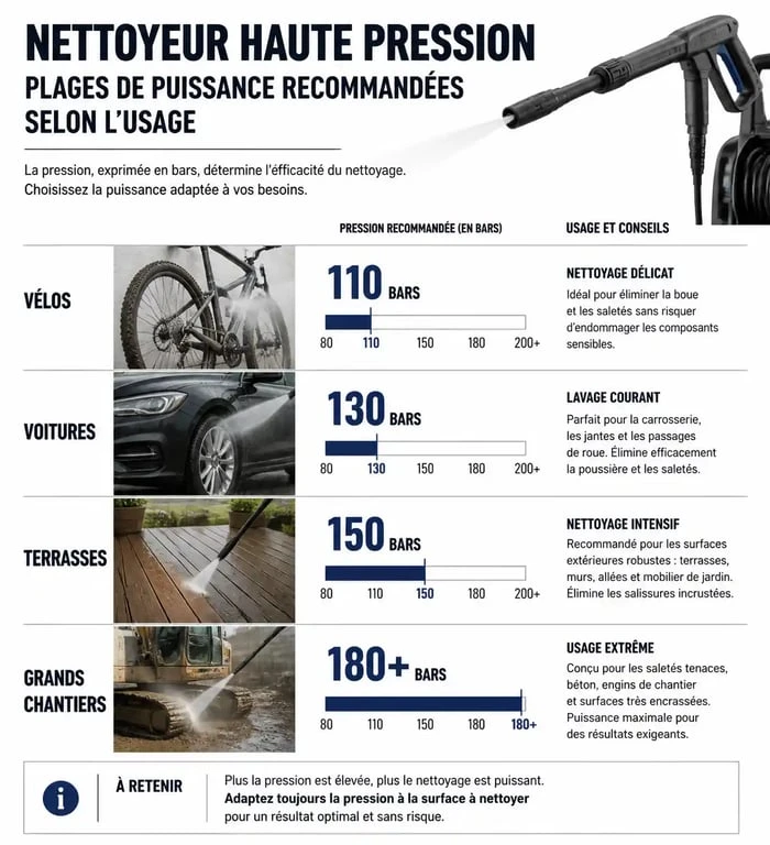 Infographie des recommandations de puissance pour un nettoyeur haute pression Karcher selon l'usage