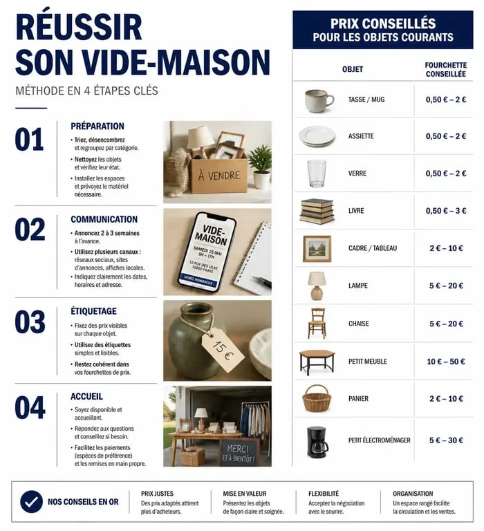 Infographie récapitulative pour organiser un vide-maison 35 réussi