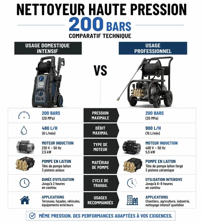 Infographie comparative des caractéristiques techniques pour choisir le meilleur nettoyeur haute pression 200 bars