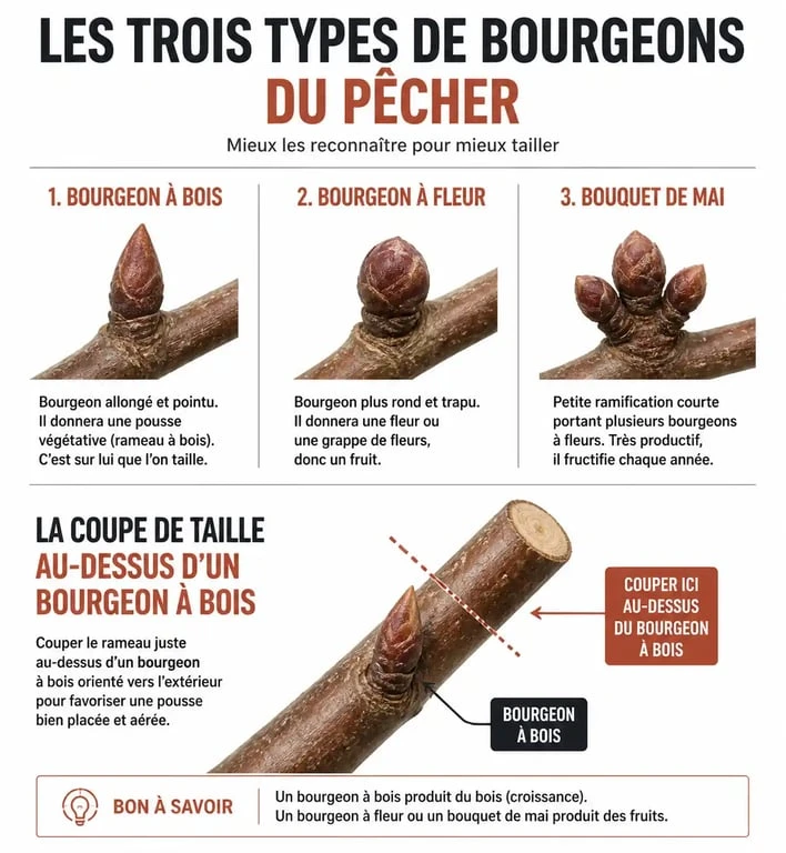 Schéma explicatif des types de bourgeons et de la technique pour tailler un pêcher