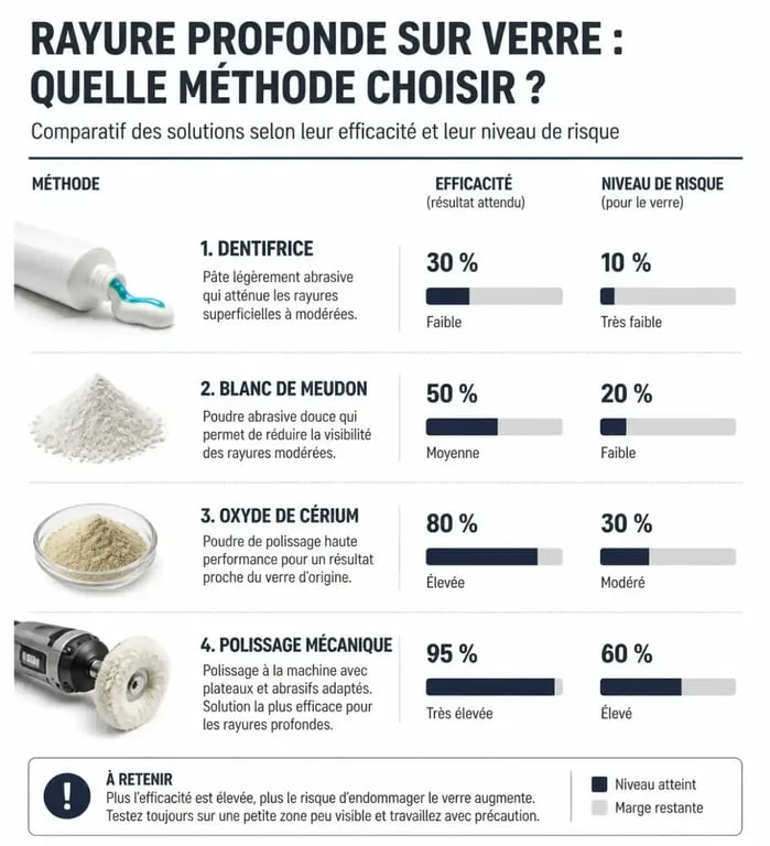 Infographie comparative des méthodes pour enlever une rayure profonde sur du verre