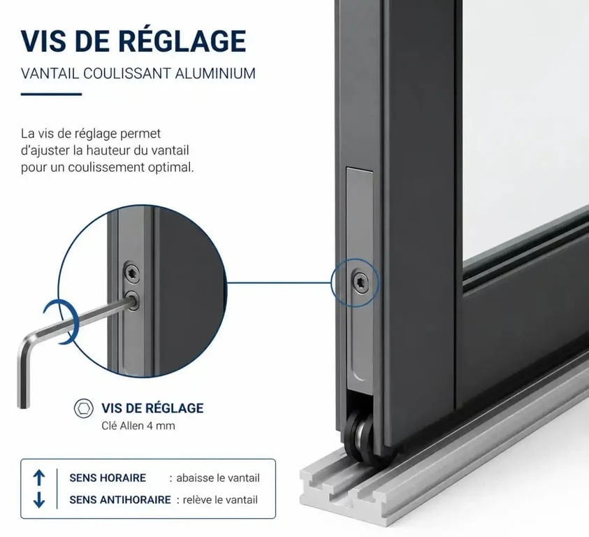 Schéma explicatif pour le réglage d'une baie coulissante en aluminium