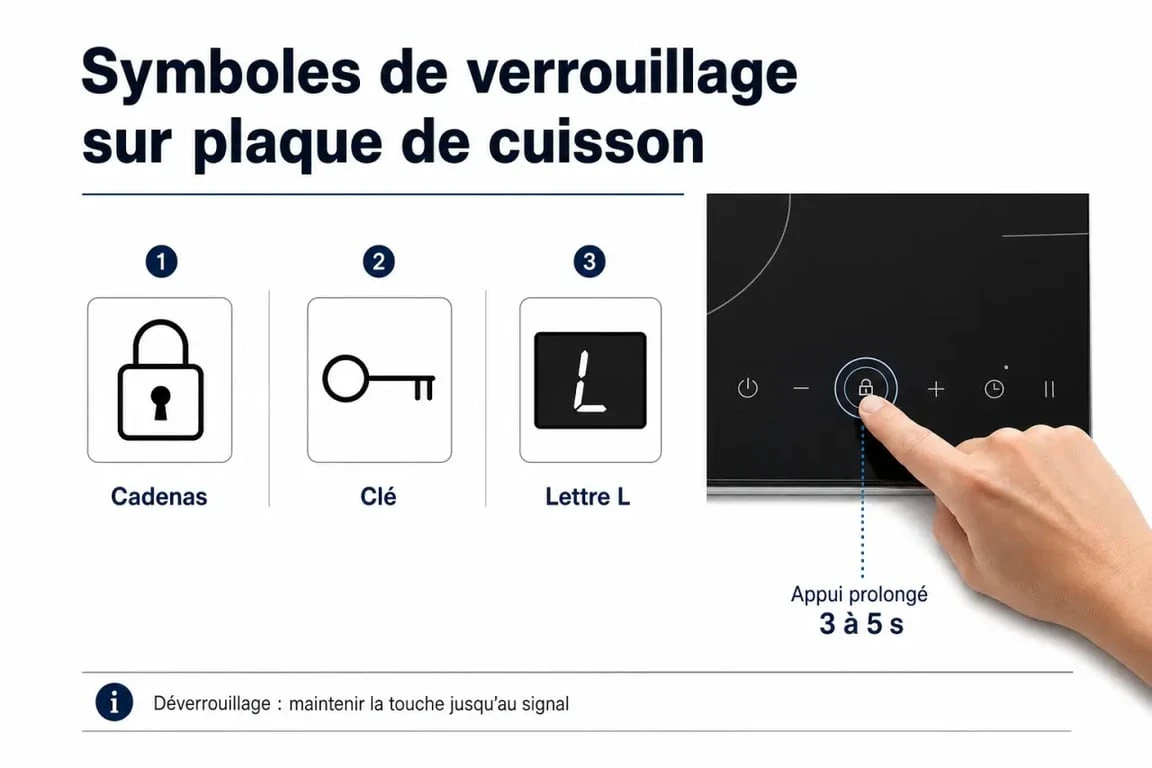 Symboles de verrouillage et méthode pour déverrouiller une plaque de cuisson