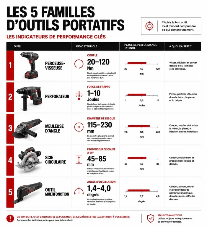 Infographie technique des 5 familles d'outillage portatif et leurs critères de performance