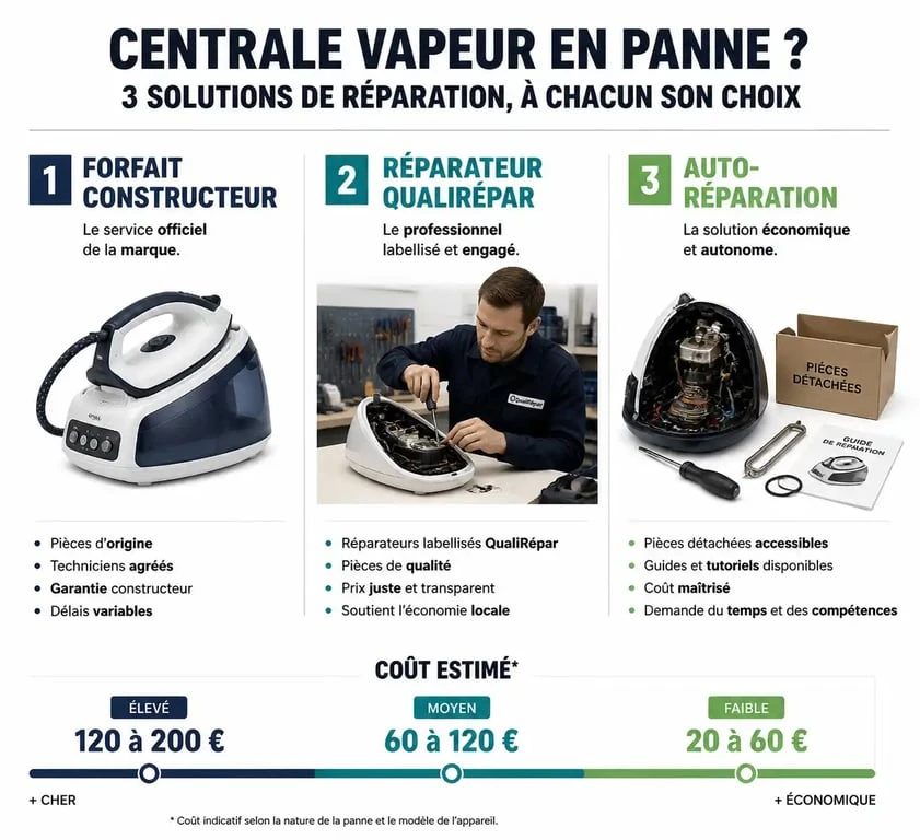 Infographie comparative des options pour faire réparer sa centrale vapeur : constructeur, réparateur agréé ou auto-réparation