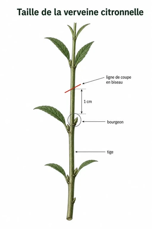 Schéma technique expliquant comment tailler la verveine citronnelle pour favoriser la repousse.