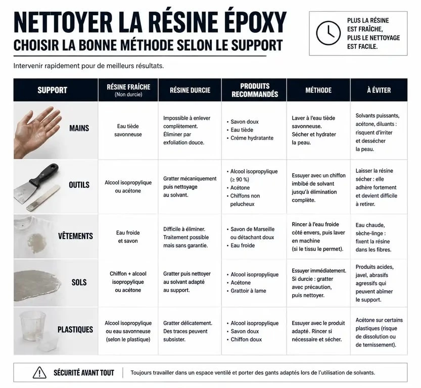 Tableau récapitulatif des méthodes pour nettoyer de la résine époxy sur différents supports