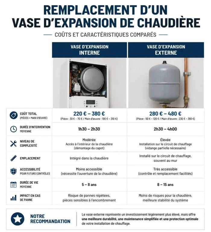 Infographie comparative des tarifs pour le changement d'un vase d'expansion de chaudière interne ou externe