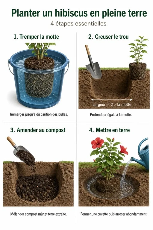 Infographie des étapes pour planter un hibiscus en pleine terre avec succès
