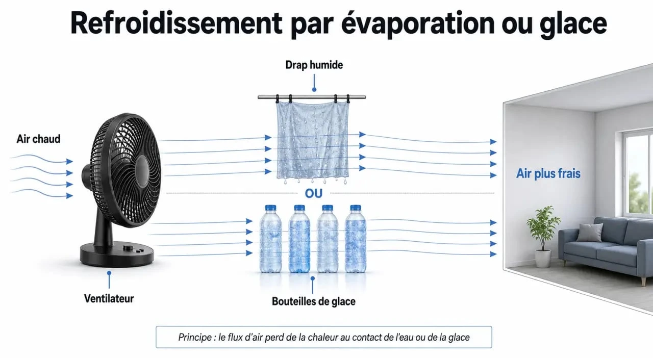 Schéma explicatif pour comment rafraîchir une pièce avec un ventilateur et des astuces naturelles
