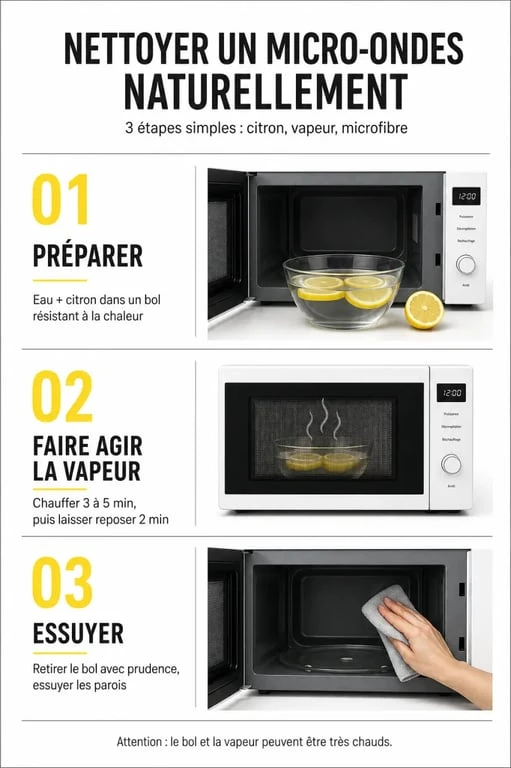 Infographie des étapes de nettoyage micro onde naturel