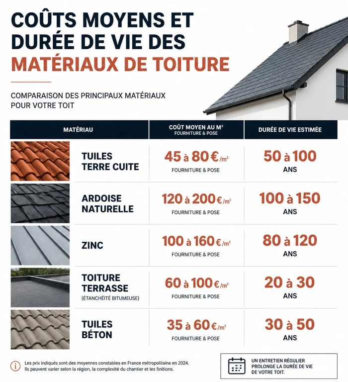 Tableau comparatif des coûts et durée de vie pour une toiture à refaire selon le matériau