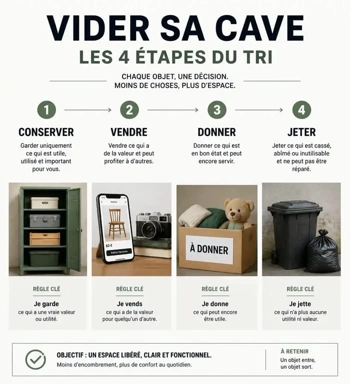 Infographie des étapes pour vider sa cave : trier, vendre, donner et jeter ses encombrants.