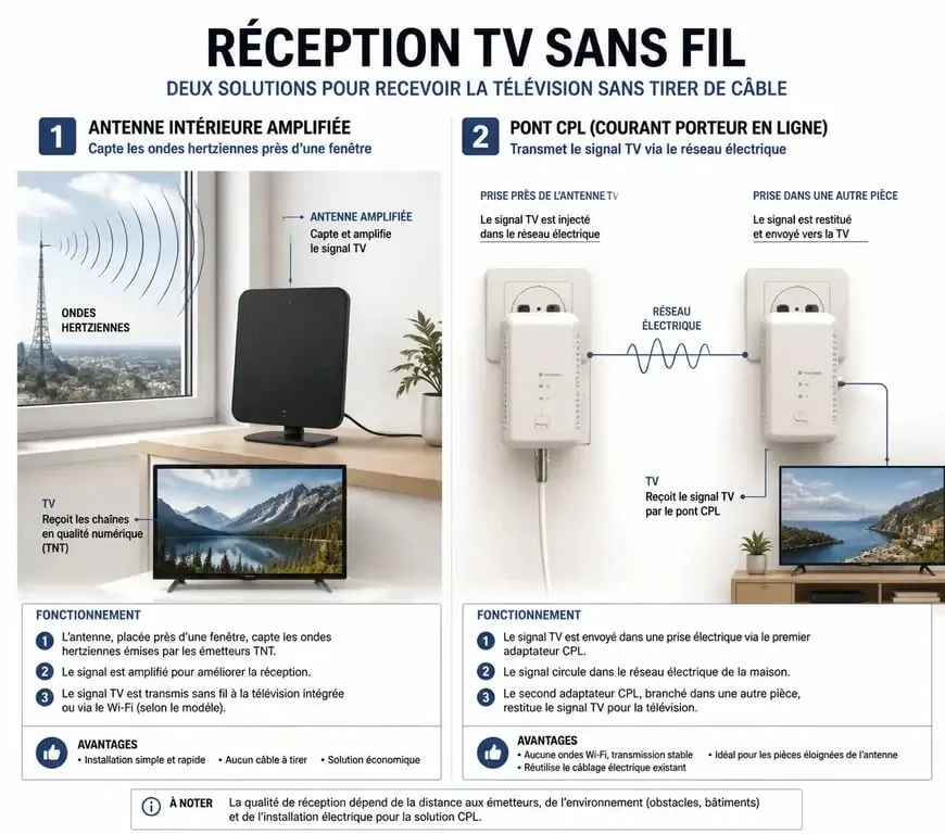 Schéma technique comparant le fonctionnement d'une antenne intérieure amplifiée et d'un transmetteur CPL pour la réception TNT sans fil.