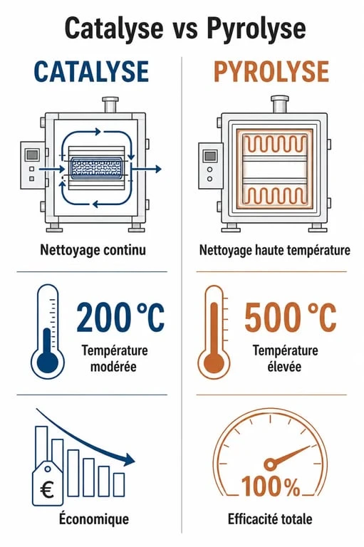 Infographie comparative entre le nettoyage par catalyse et par pyrolyse pour les fours encastrables
