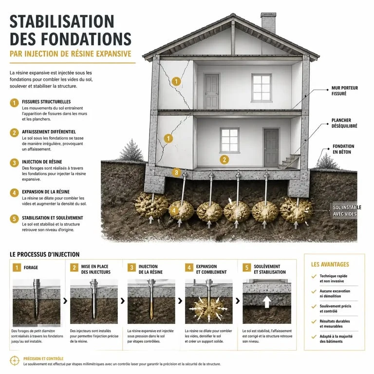 Schéma technique du procédé d'injection de résine Uretek pour la stabilisation de fondations et la réparation de fissures.