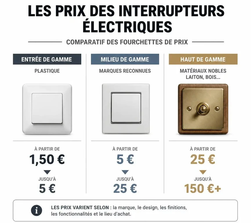 Infographie comparative des prix des interrupteurs électriques selon les matériaux et la gamme
