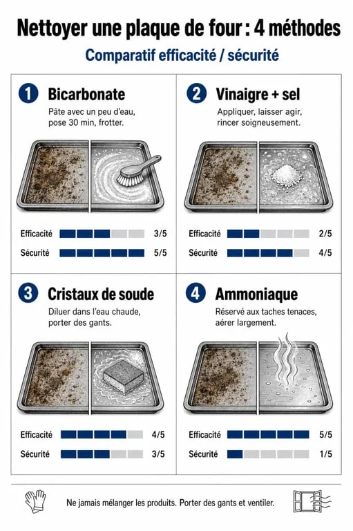 Infographie comparative des méthodes pour nettoyer une plaque de four efficacement et en toute sécurité